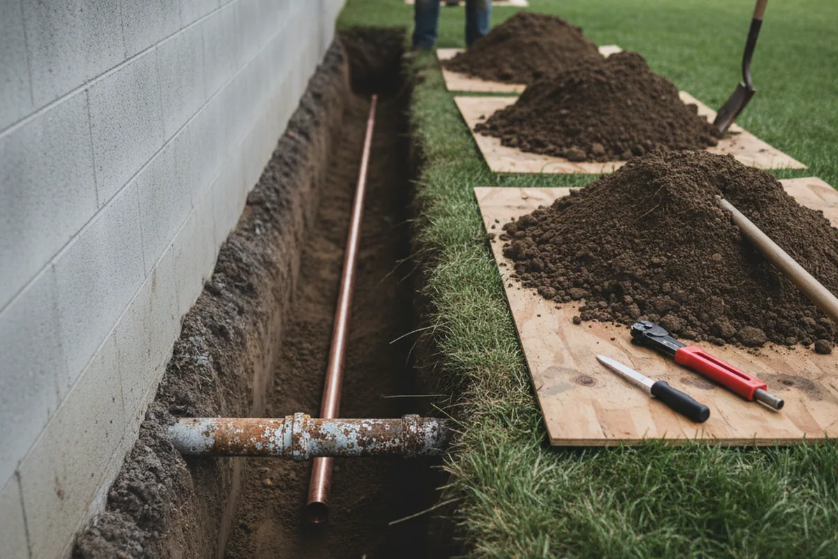 Excavated water line trench during Water Softener Installation in Oyster Bay